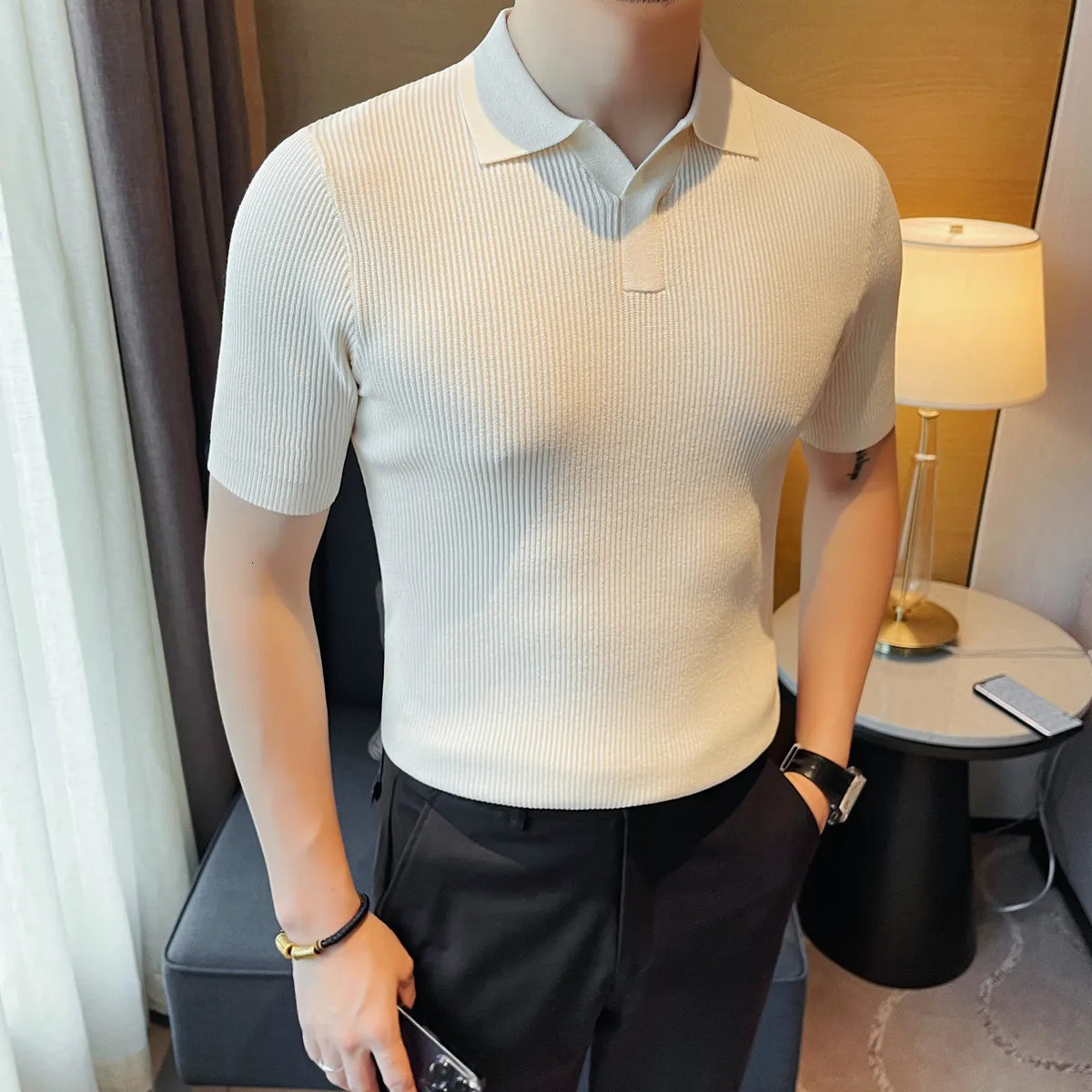Mens Solid Stretch Polo Shirt - Ribbed Texture Elastic Comfort Slim Fit for Casual/Semi-Formal Versatility M-4XL 260305