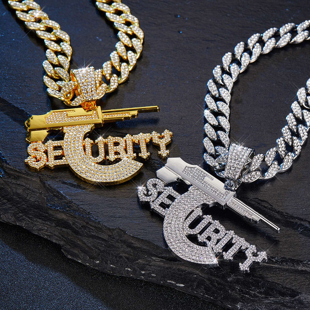 European and American hip-hop pendant SECURITY letter pistol high-quality domineering alloy rhinestone Cuban chain necklace accessory