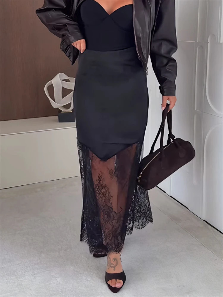 Trendix Women Patchwork Lace Skirts High Waist Slim Hollow Out Maxi Skirts Autumn Brown Fashion Party Club Boho Skirt 260306