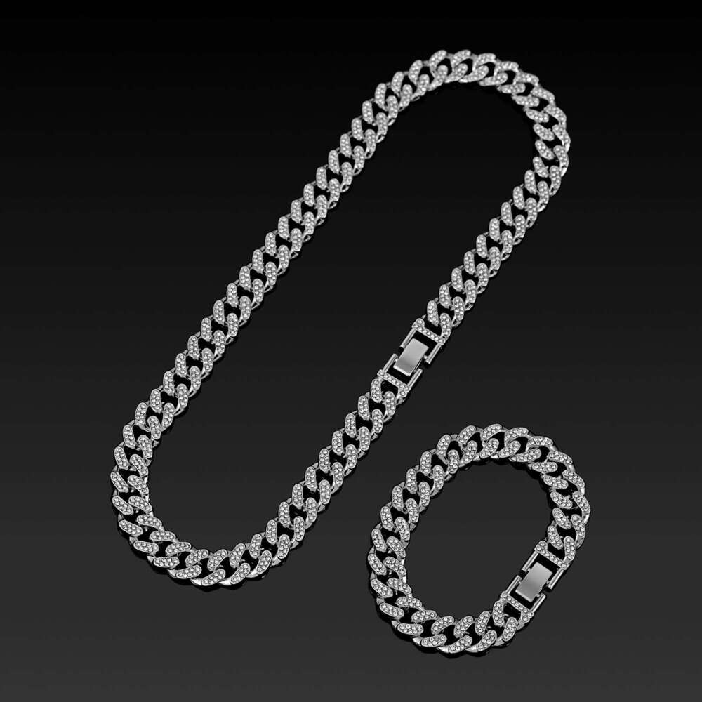 13mm Watch Buckle Full Diamond Cuban Necklace Rhinestones High-Quality Electroplating Cross-Border Men and Women Hip-Hop Jewelry Wholesale