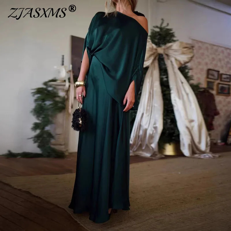 2026 Spring Elegant Solid Evening Gown Set Woman Sexy Skew Collar Top Pullover Long Dress Suit Autumn Sleeve 2pcs Outfits 260306