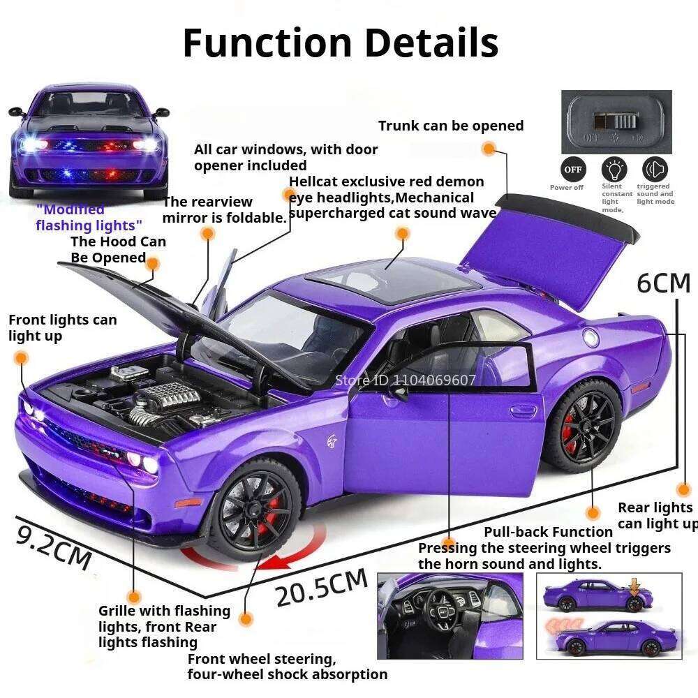 1:24 Hellcat Car Model Diecast Alloy Toys Doors Opened Four Wheel Suspension Sound Light Pull Back Miniature Vehices Friend Gift Z260306