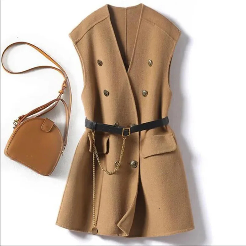 Fashion Women Woolen Vest Autumn Winter Waistcoat Jacket Casual Sleeveless Coat Female Outerwear Tops With Belt 260306