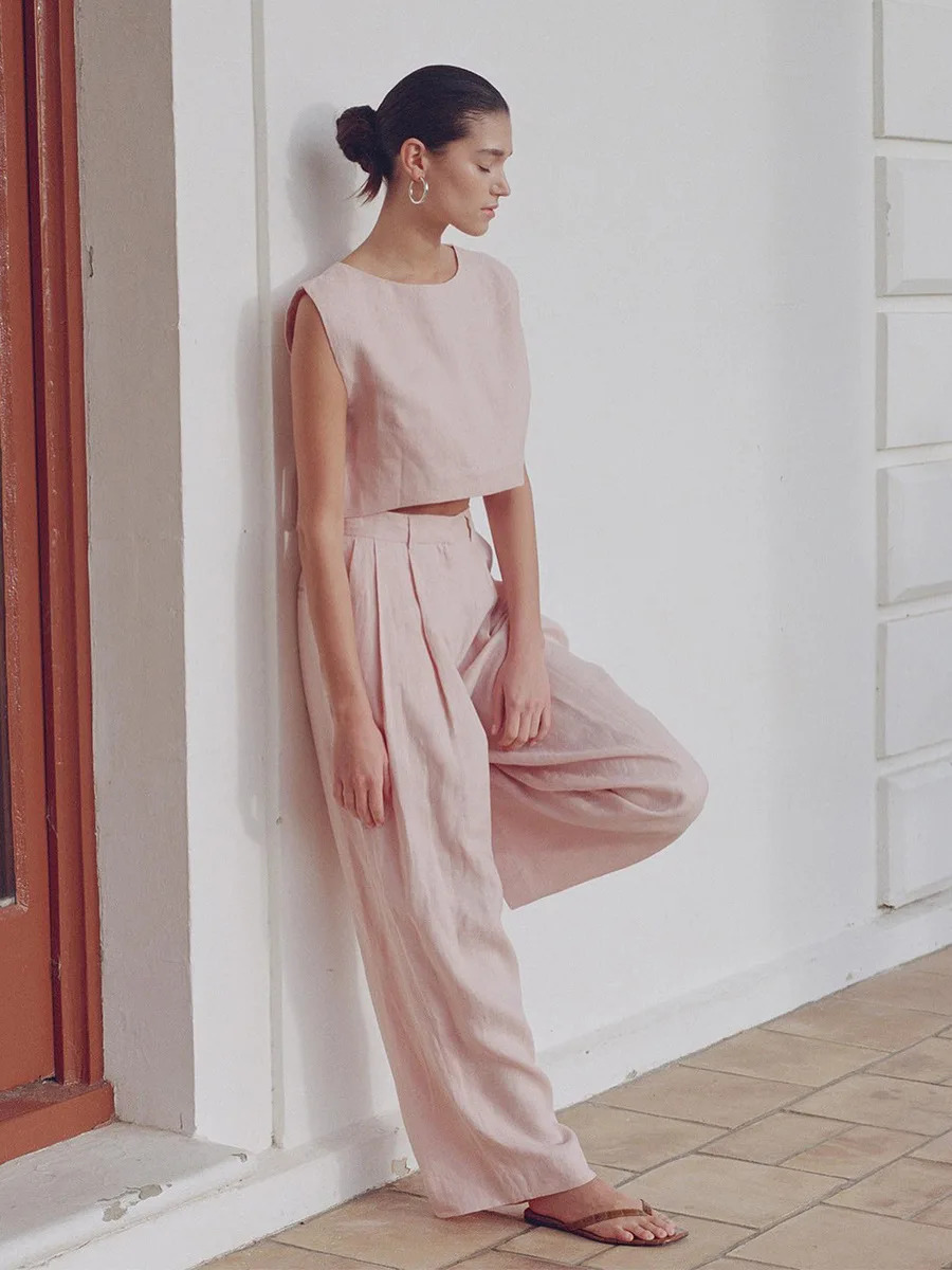 Bornladies Cotton Linen Vest Pants Set Womens Summer Office Lady Chic Short Vest Casual 2-Piece Set Female Long Pants Suits 260304