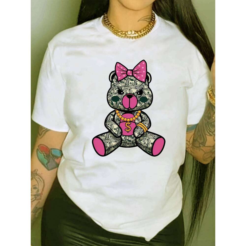 Bear Print T-shirt Casual Crew Neck Short Sleeve Top for Spring & Summer Women's Clothing XJ260306 XJ260306