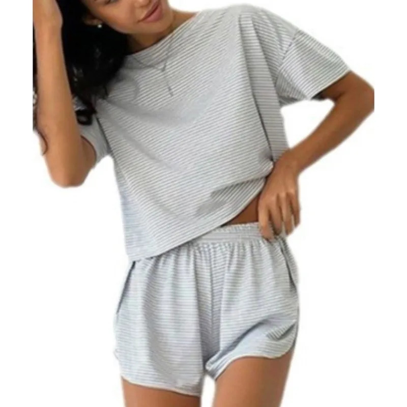 Womens Stripe Pajamas Set Short Sleeve O Neck TShirtSide Slit Shorts Sleepwear 2 Piece For Lady Home Casual Loose Outfits 260306