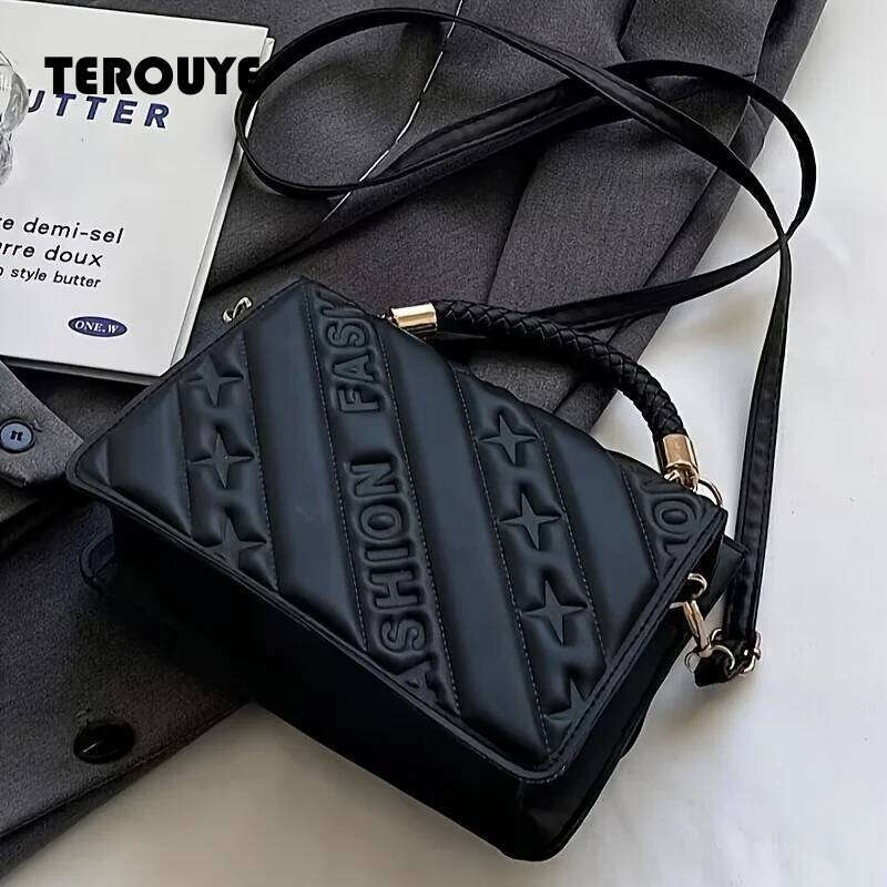 1Pc Trendy Quilted Handbag Adjustable Strap Stylish Black Shoulder For Women With Mini Coin Pouch Crossbody Purse TEROUYE