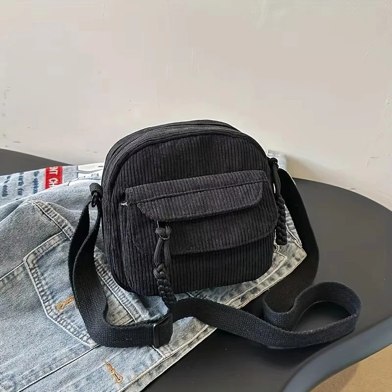 Corduroy Crossbody Bag for Women Casual Harajuku Style Zipper Closure Adjustable Strap Multi Pockets Polyester Lining Beige 260306