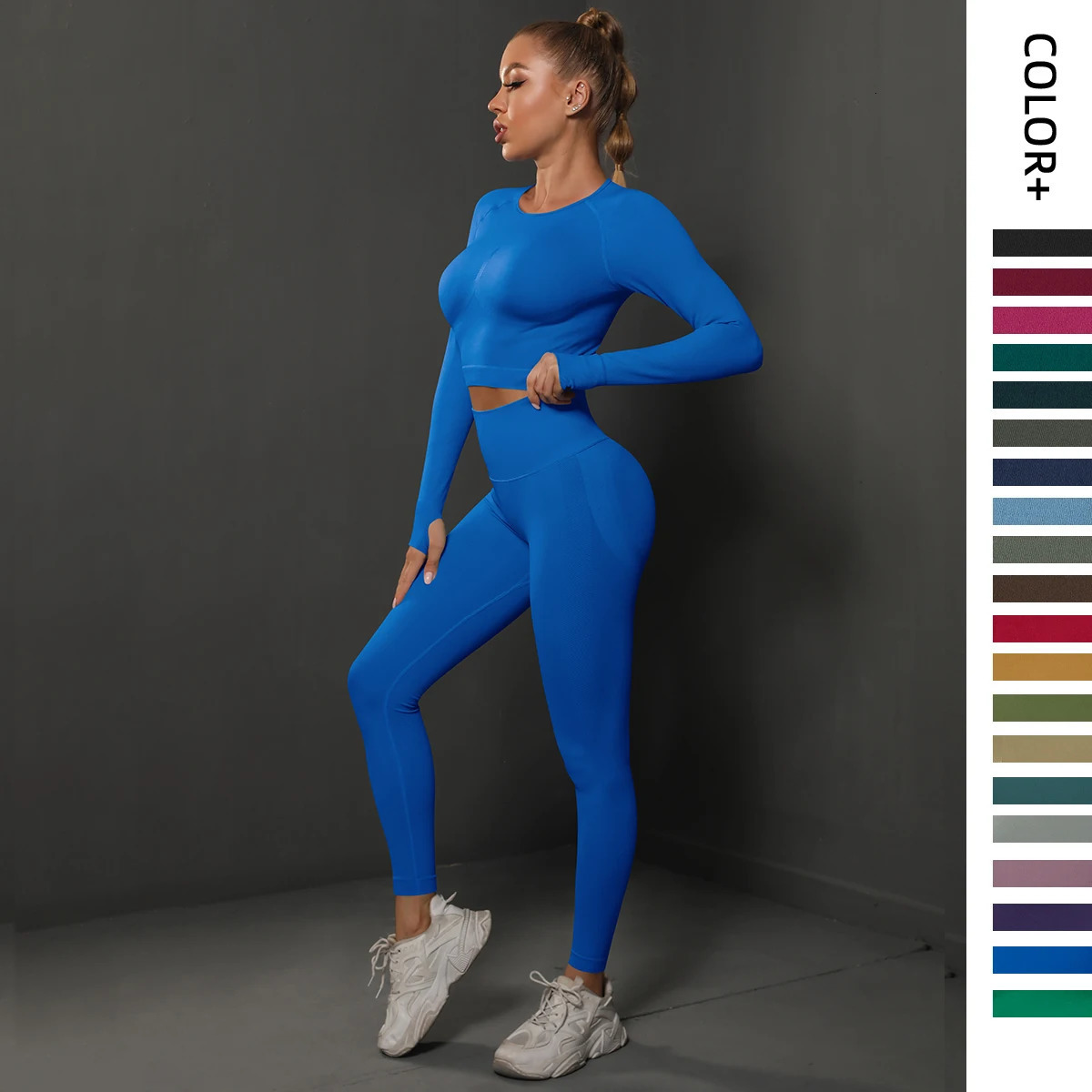 2Pcs Women Sets Energy Seamless Gym Suits Bubble Butt Sports PantsLong Sleeve Shirts Push Up Running Tracksuits Tights Set 260306