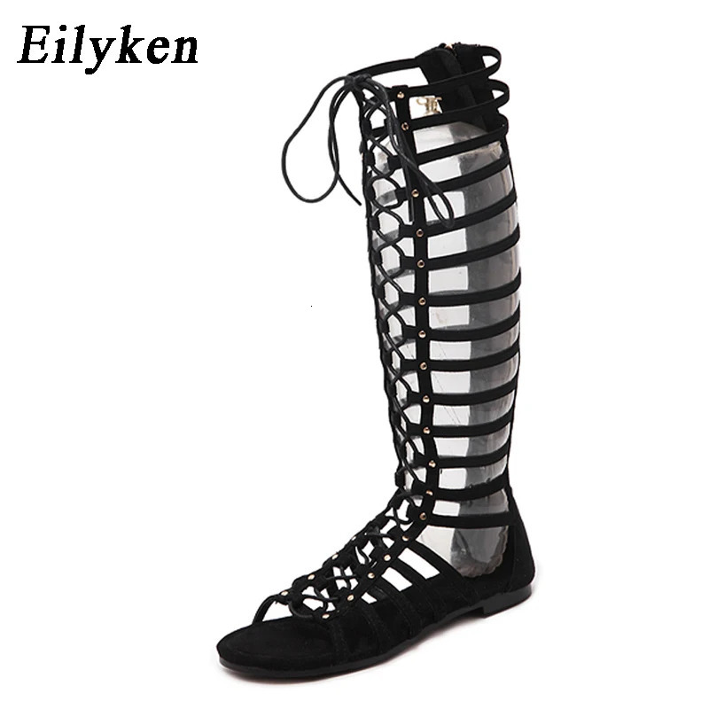 Eilyken Women Sandals Strappy Open toe Knee High Summer Gladiator Flat Sandals Roman Bandage Casual Boots Shoes 260306
