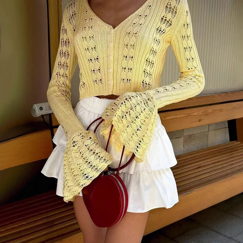 TARUXY Hollow Knitted Cardigan Womens Solid Long Sleeve V Neck Short Sweater Top Summer Female Crochet Casual Outwear 260305