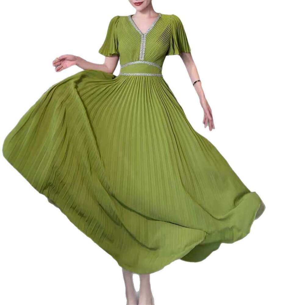 2026 Spring and Summer Women's Designer Elegant Women's A1 V-neck Wrinkled Elegant Long Skirt Multi color Dress