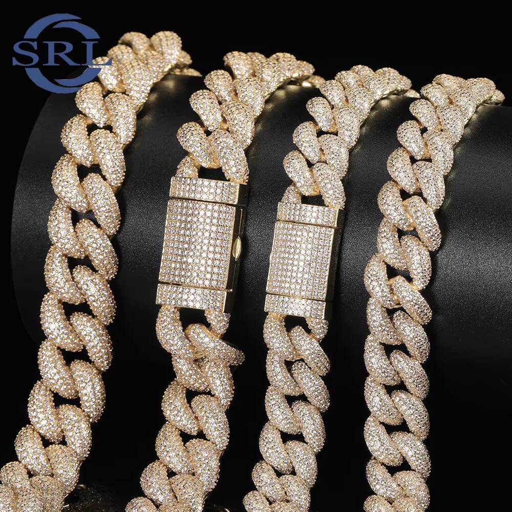 CHA019 18mm VVS Moissanite Tennis Cuban Chain Iced Out Hip Hop Jewelry Necklace for Men Gold Plated Brass Link Design