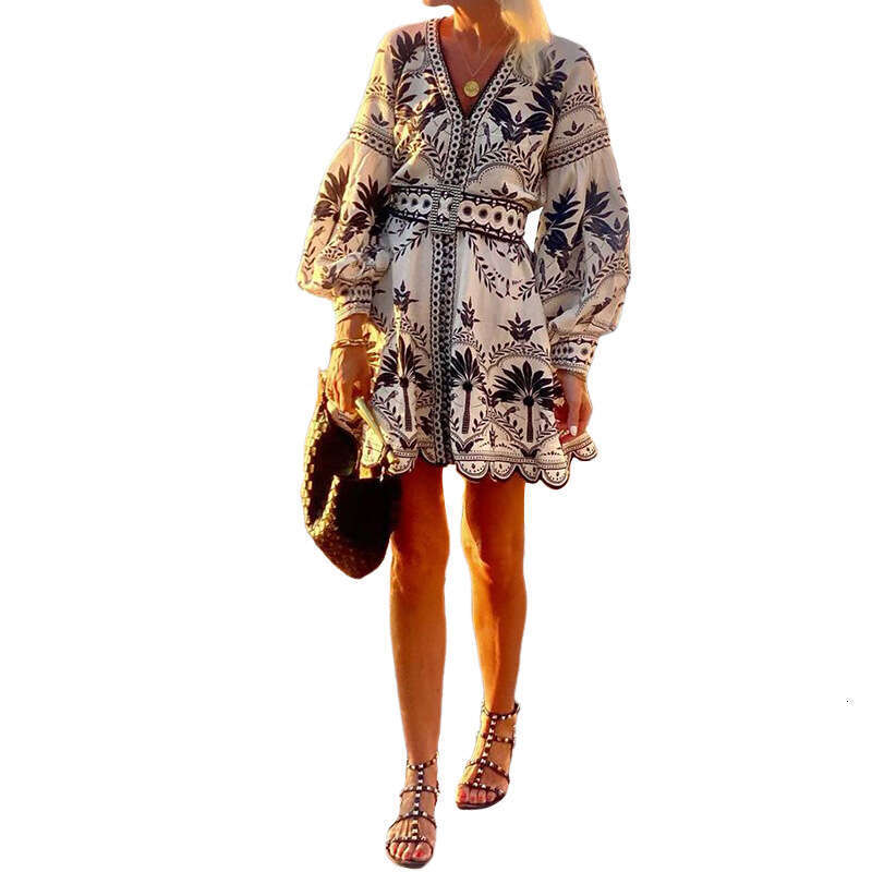 In-stock European and American clothing, new autumn fashion, cross-border women's stylish printed beach loose-fitting short dress