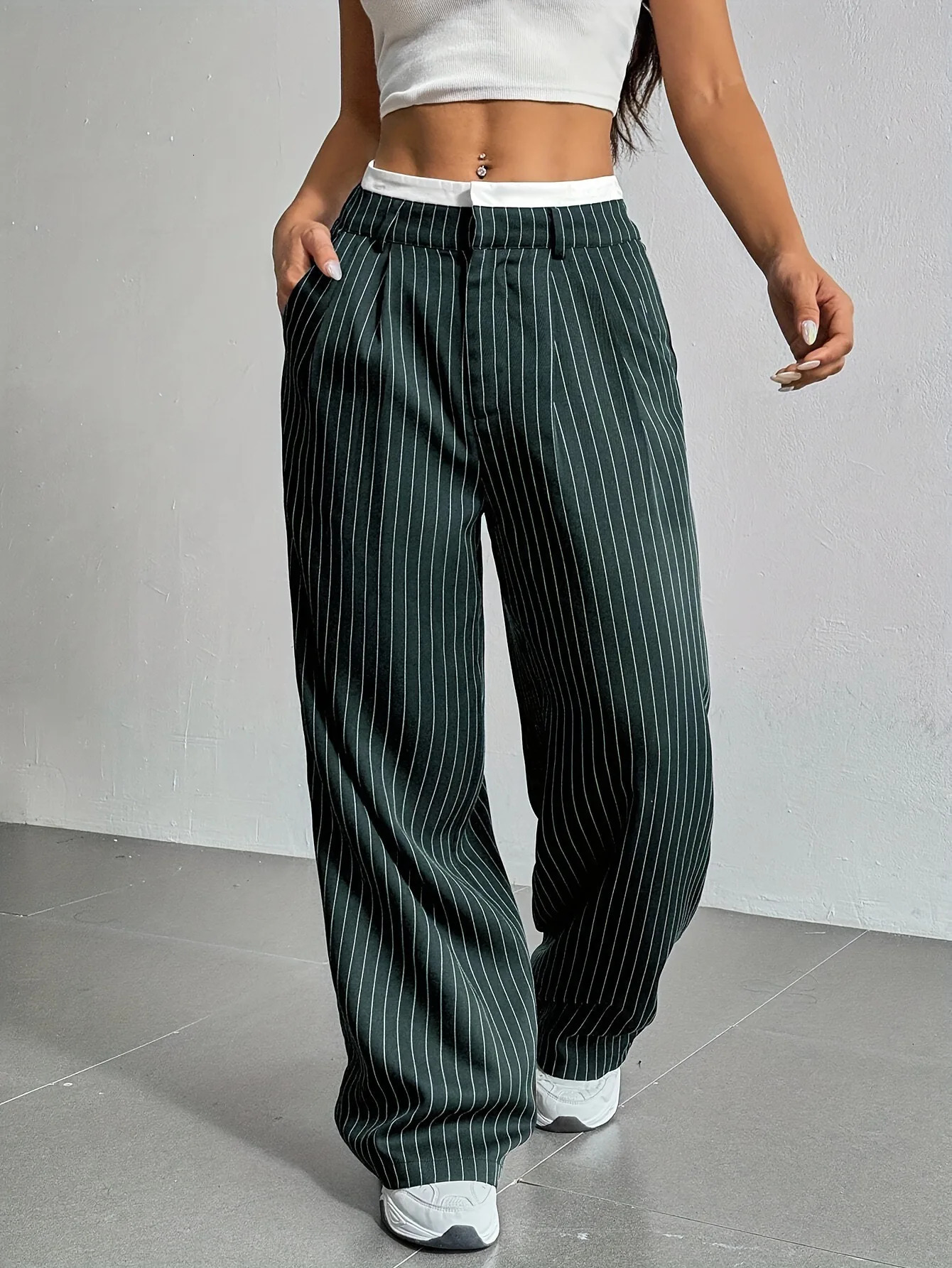 Womens Straight Leg Pinstripe Trousers High Waist Office Business Pants Casual Striped Dressy With Pockets 260306