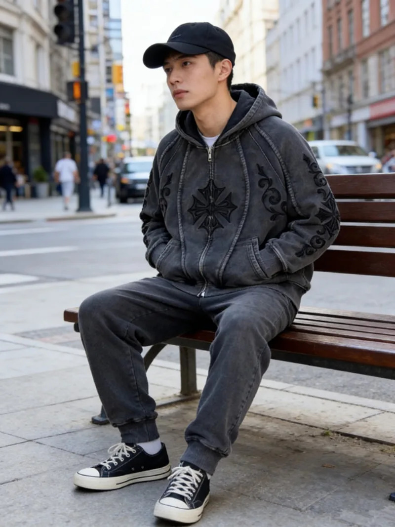 2026 American Fashion Heavy Zipper Hoodie Men Street Hip Hop Vintage Casual Loose Sweatshirt Unisex Punk Rock Joker Hoodie 260228