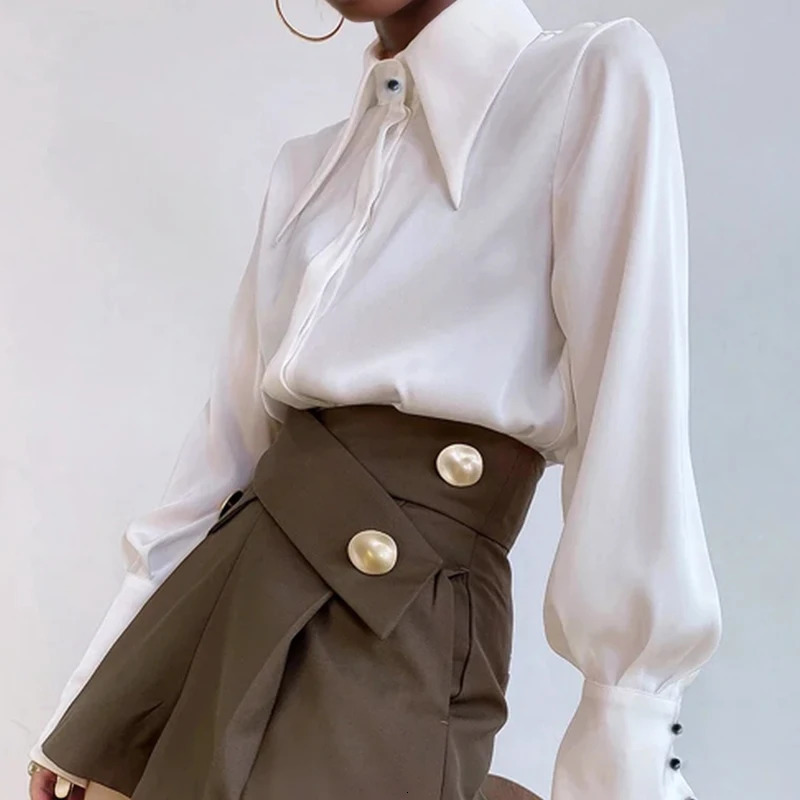 Fashion Vintage Satin Silk Shirt Women Elegant Turn Down Collar Blouse White Long Sleeve Ladies Shirts Tops Blusas 169 260228
