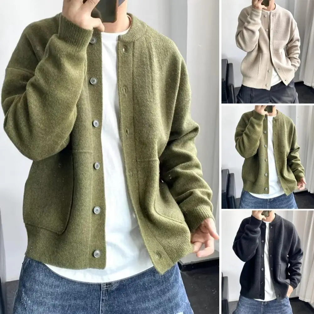 Sweater Coat Mens Round Neck Knitted Cardigan Sweater with Single-breasted Closure Solid Color Long Sleeve Coat for Warmth 260306
