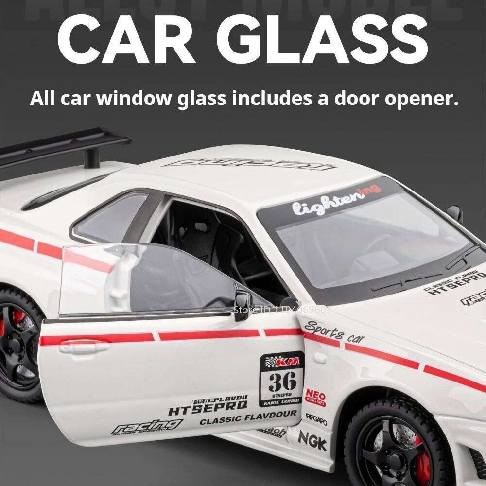 1:24 GTR-R34 S15 Diecast Alloy Model Car Toys Shock Absorption with Sound Light Doors Opened Vehices Kids Fashion Ornaments Z260307