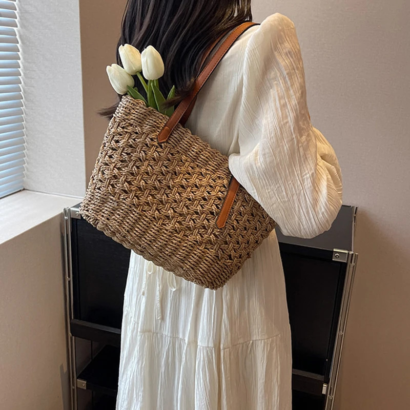 Casual Rattan Wicker Tote Bag Large Capacity Woven Womens Summer Beach Straw Handbag Lady Travel Big Basket 260306