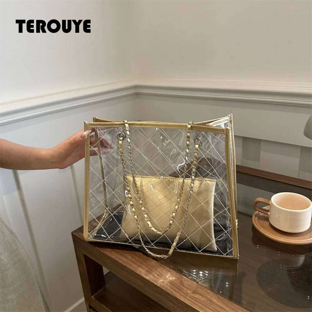 2026 Large Capacity Transparent Shoulder Summer Korean Style Waterproof Composite Storage Underarm Bag Beach Portable Tote TEROUYE