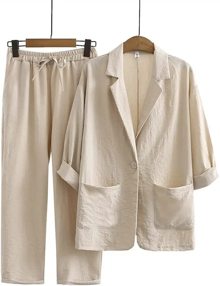 Womens cotton and linen 2-piece suit jacket trousers Spring and autumn loose fashion casual cotton and linen suit top set 260304