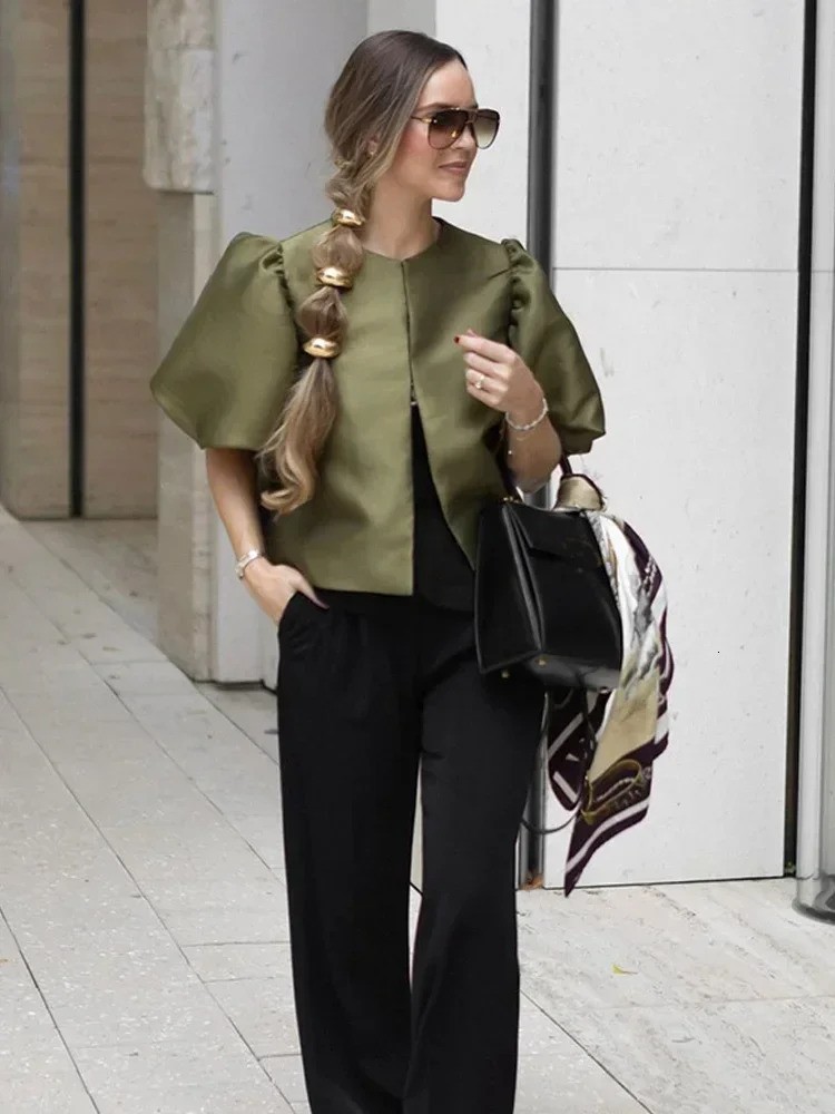 Round Neck Satin Solid Short Blouse For Women Elegant Button Puff Short Sleeve Fashion Shirt Chic Lady Street Shirts 2026 260306