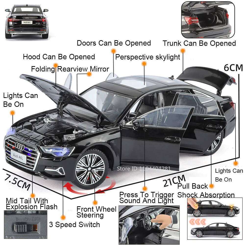 1:24 R8 LMS GT2 A6L Alloy Car Diecast Model Toys Sound Light Pull Back Miniature Vehices Doors Opened Cars Childen Collect Gifts Z260306