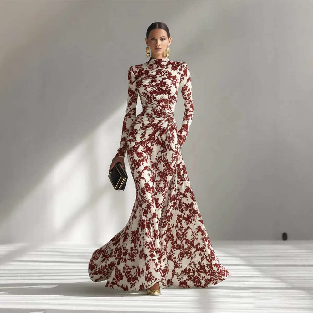 European American Spring And Autumn Fashion Women's Long-Sleeve Printed Pleated Long Elegant Gown Dress