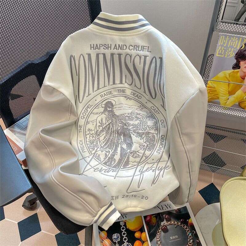 Mardi Hefxessdr American Style Embroidered Baseball Patchwork Leather Sleeve Jacket Men Autumn Winter Casual Bomber Loose Couple Coat