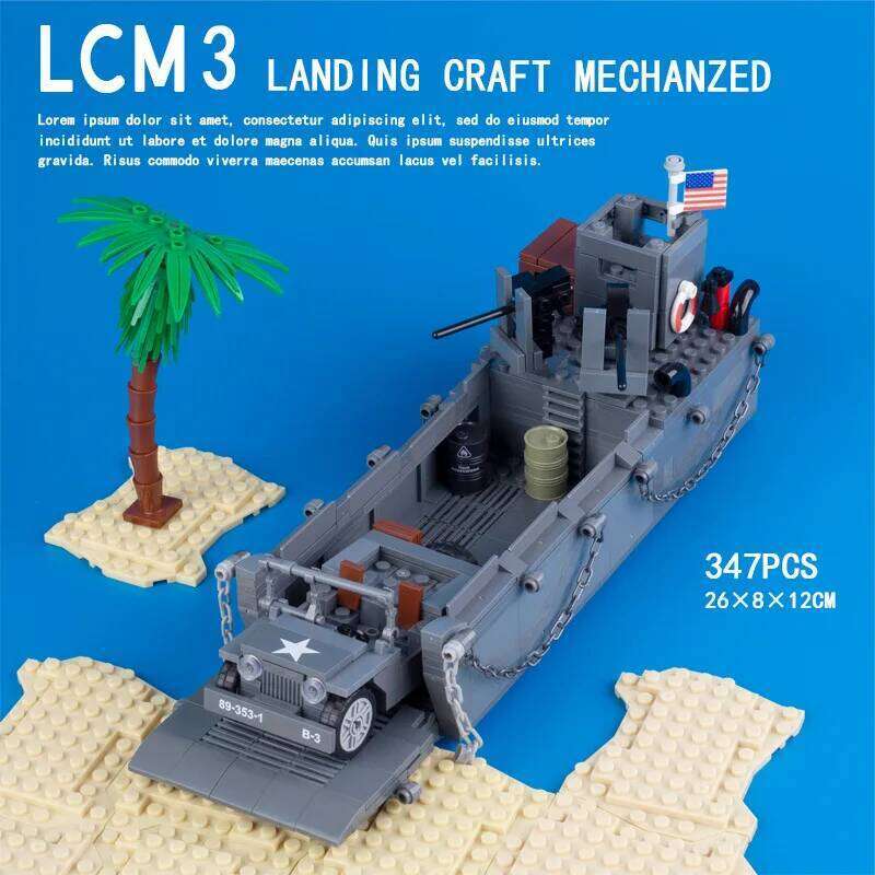 WWII US LCM3 Landing craft Carrying Jeep MOC Building Blocks Children's Military Model Assembly Toy Birthday Gift C260306