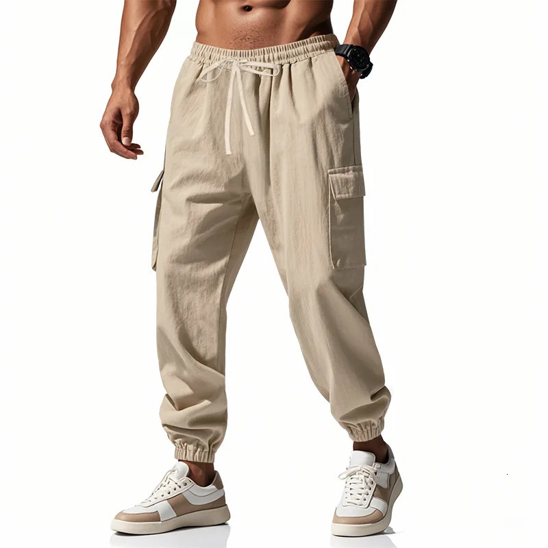 2026 mens casual multi-pocket trousers male closed-placket tethered cotton and linen straight-leg leggings Men Mens 260305
