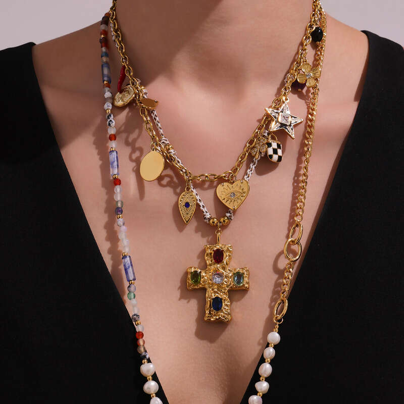 Women's Vintage Bohemian Necklace: Stainless Steel Cross Pendant Multi-accessory Freshwater Pearl Natural Stone Long Necklace Layered Unisex Part