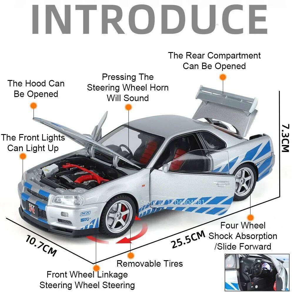1:18 720S GTR SKYLINE Alloy Supercar Model Diecast Car Toy Front Wheel Steering Sound Light Pull Back Vehices Adult Gift for Boy Z260306