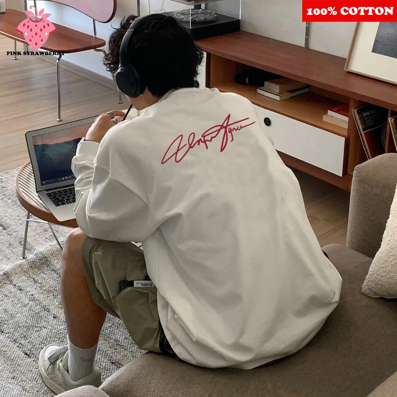 100 Cotton Letter Print Tshirt Men 2025 Autumn American Street White ONeck longsleeved Y2k Tops Male clothing 260228
