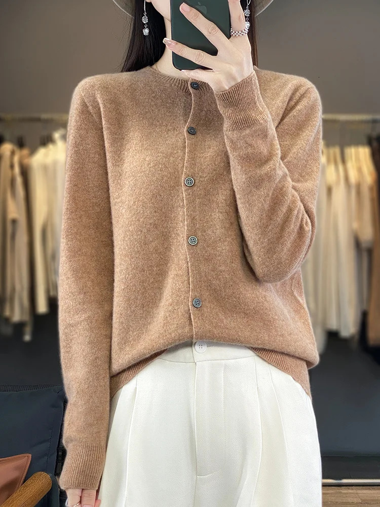 100 Merino Wool Sweater Women O-Neck Cardigan Basic Style Buttoned Knitwear Female Casual Autumn Winter Soft Tops 260305