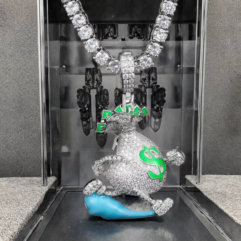 925 Silver Lab Moissanite Diamond Iced Out Hip Hop Jewelry Glow in the Dark Bling Dollar Money Bag Pendant Necklace