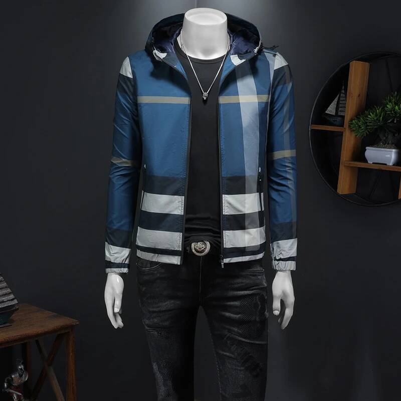 Minglu Spring Autumn Hooded Plaid Allover Printed Mens Jackets Luxury Sport Casual Long Sleeve Male Coats Overcoat Plus Size 6XL