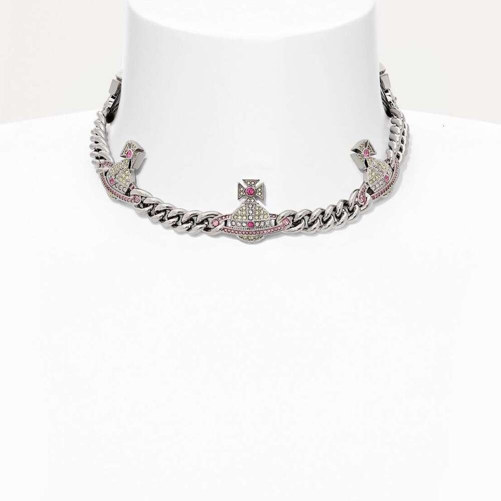 Queen Mother's High-Quality Color Diamond Saturn Necklace for Women, Hip-Hop Punk Cuban Chain Bracelet, Versatile Planet Choker, Trendy