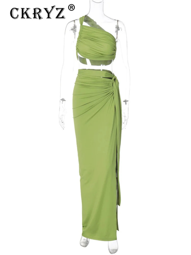 Ladies Summer 2 Pieces Set Women Sleeveless Backless Strap Spit Crop Top Side Slit Slim Long Skirt Evening Party Club Streetwear 260304