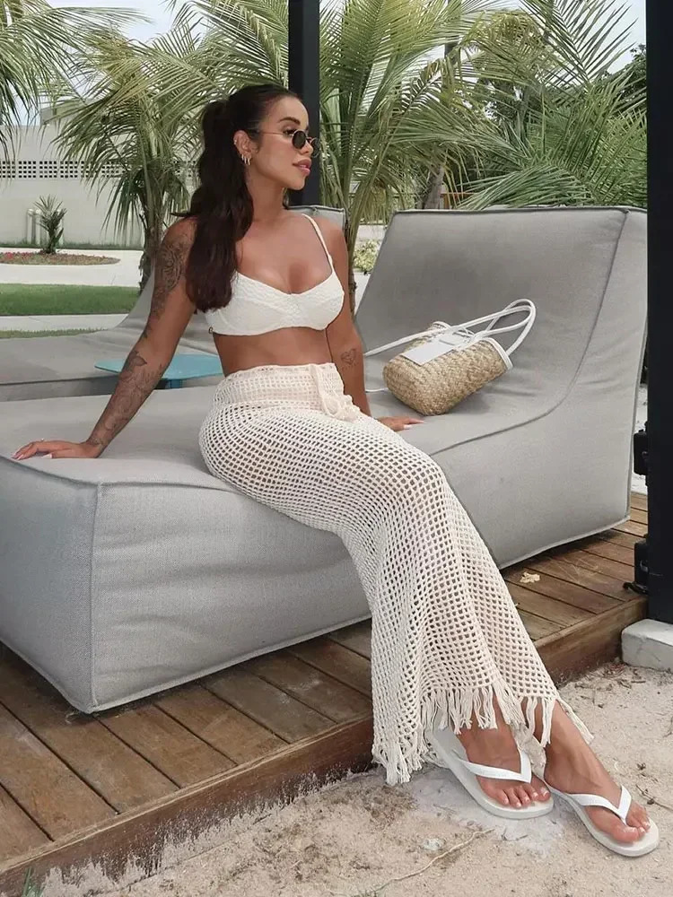 Sexy Summer Knit Cut Out Beach Half Skirt Women Chic Drawstring Fringed Casual Wrap Skirts 2026 Pool Party Swimwear Cover Up K50 260306