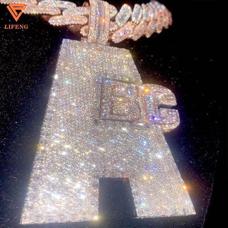 Top Quality Custom Hand Setting Vvs Baguette Moissanite Pendant Mens Iced Out Hip Hop Letter Charm Pendant