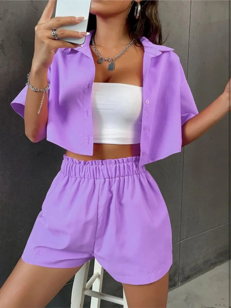 Summer Twopiece Sets For Women Cotton Short Sleeve Button Shirt Shorts Casual Sweet Style Suits Solid Color 2 Piece Set 260306