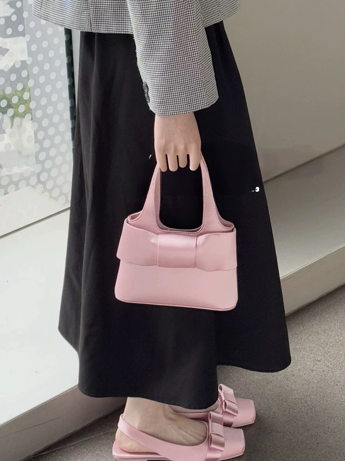 Spring bow handbag cute pink sweet girl handbag fashionable texture crossbody bag fashionable shoulder bag designer bag
