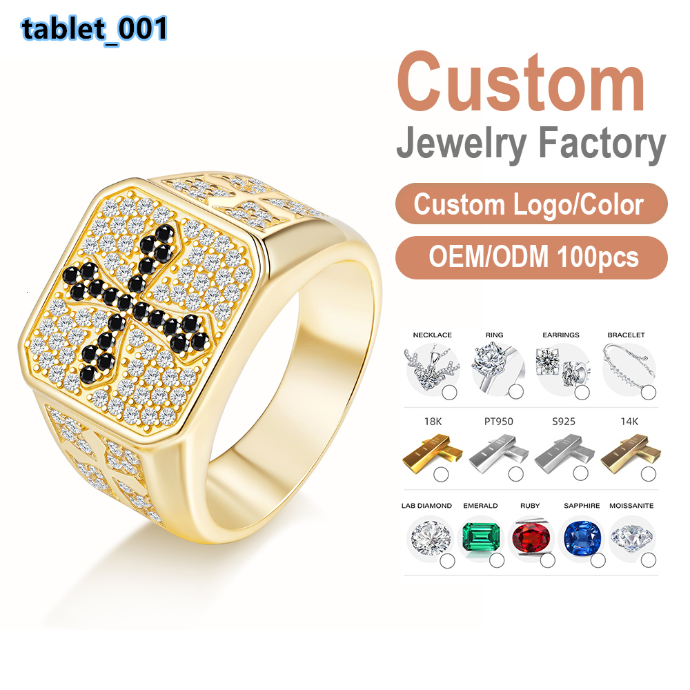 18K Gold Plated Hip Hop Mens Cross Moissanite 925 Silver Ring Black White Paved Square for Streetwear