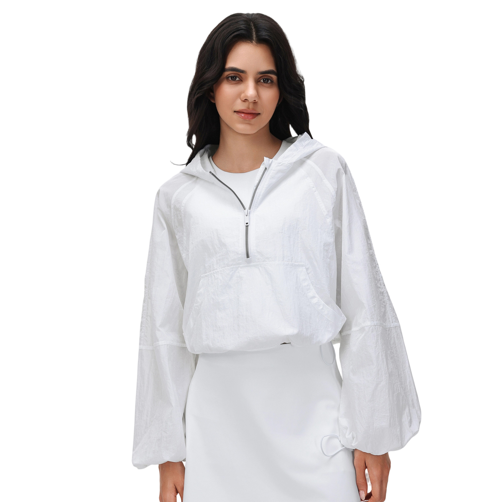 Spring Half-Zip Hooded Sports Windbreaker for Women, Short Loose Fit, Versatile Outdoor Running Fitness Jacket