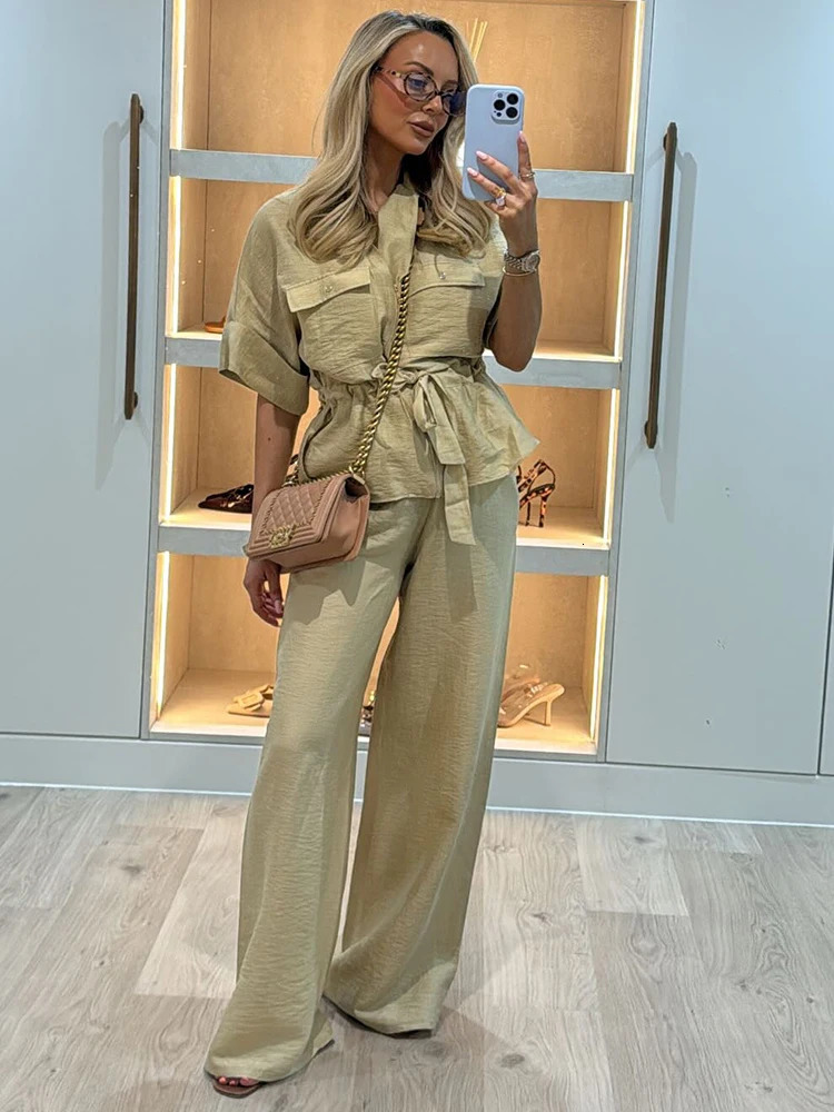 Fashion Solid Cotton Linen Shirt Pants Set Women Casual Half Sleeves Lace Up Top Wide Leg Pants Suit Summer Eleagnt Lady Outfits 260303