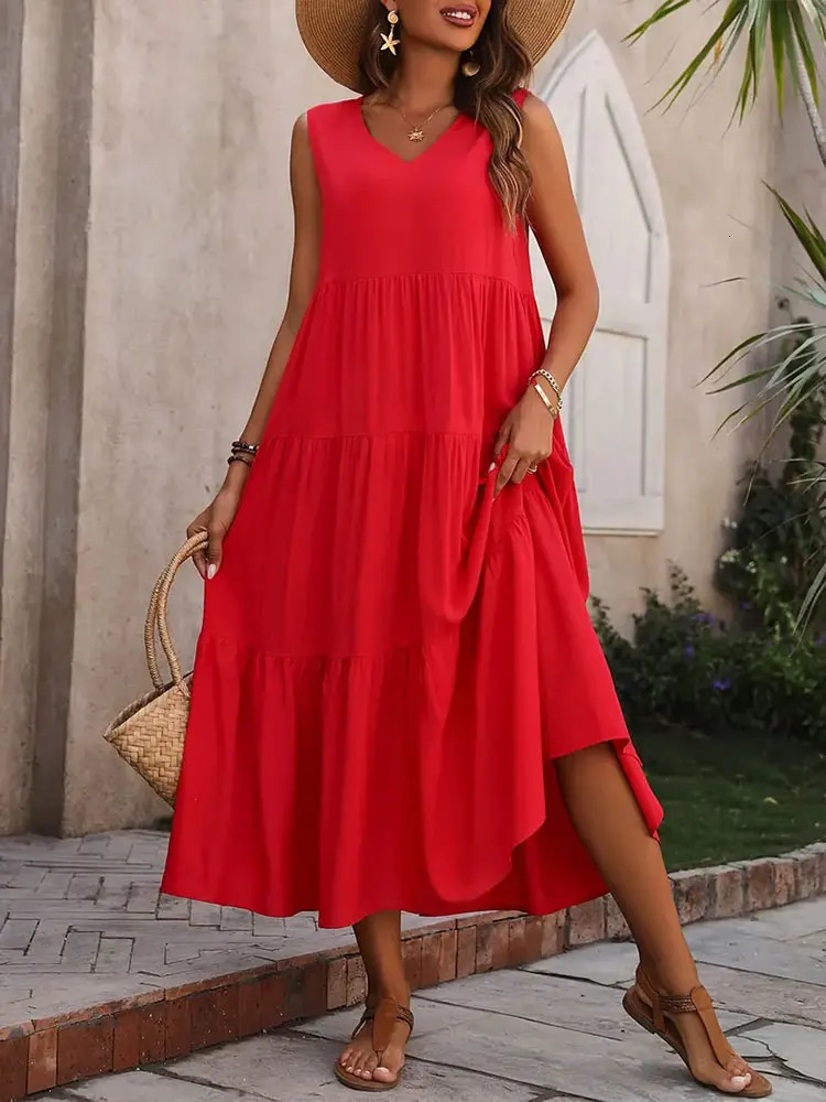 YKUKU Women Dress Summer Casual Vacation Holiday Beach Long Dresses Vneck Loose Elegant Yellow Femme 260306