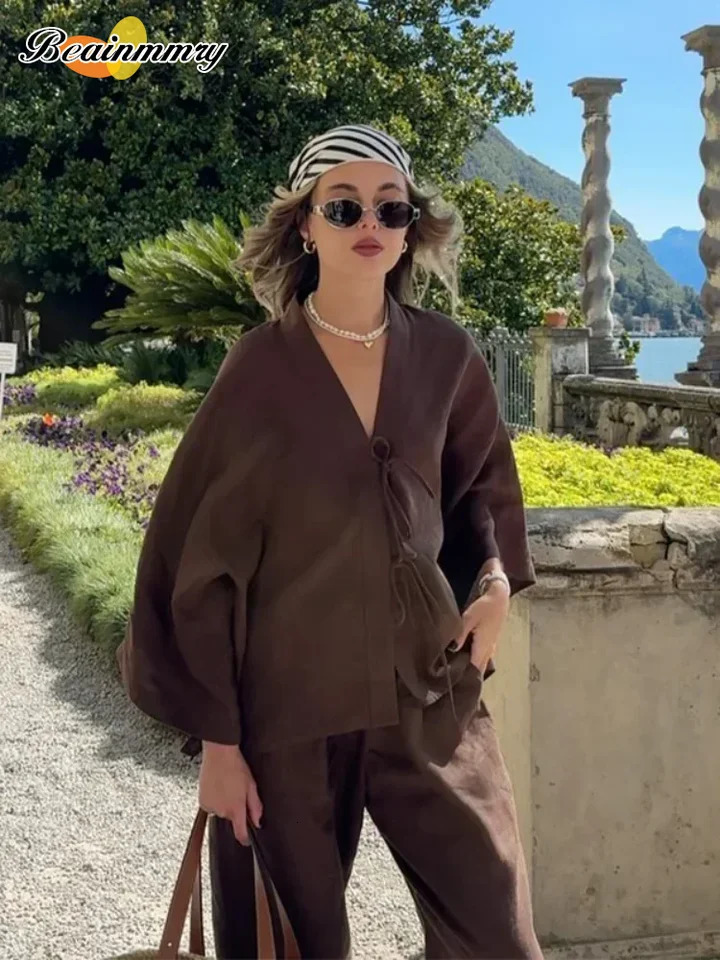 Causal Oversized Solid Cotton Linen Pant Suit Women Single Button Long Sleeve V-neck Shirt Set 2026 Summer Lady Streetwear 260304