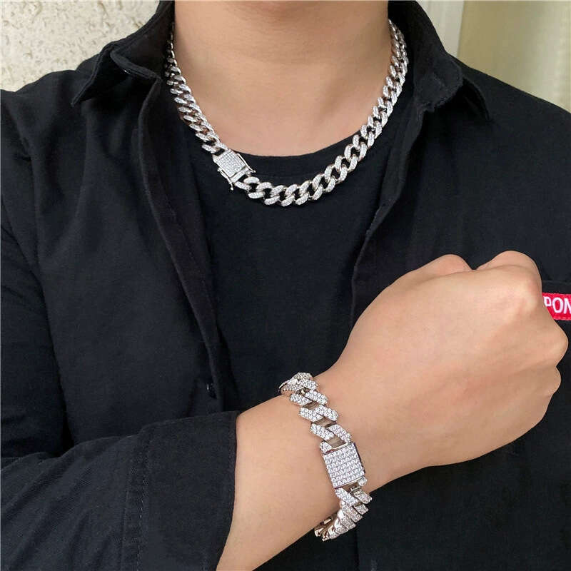 Popular fashion high-end luxury versatile diamond-shaped Cuban chain high-quality zinc alloy necklace hip-hop bracelet for men and women